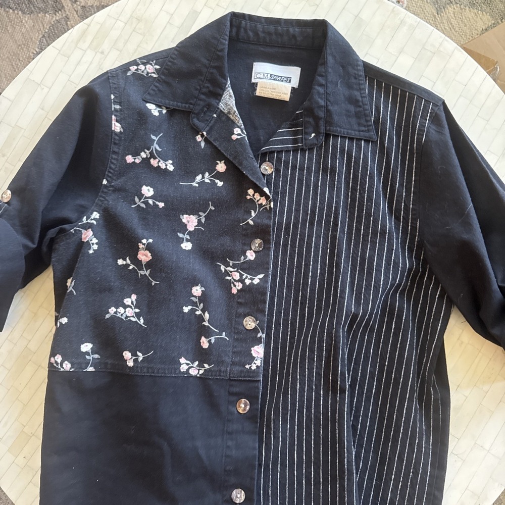 True Vtg CM Shapes Linen Black Floral Button Up Short Sleeve‎ Tunic Top Blouse S - Picture 5 of 8